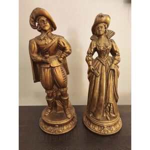 Vintage Chalkware Colonial Couple Figurines Gold 12"‎ Home Decor Set